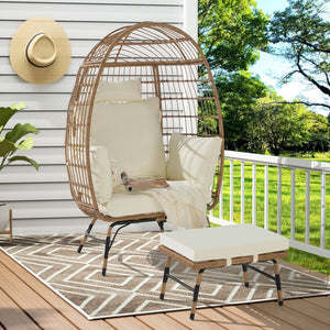 English Elm Wicker Oversized Egg Chair with Ottoman and 3.2" Thick Cushions, Handwoven PE Rattan, Weatherproof Comfort Beige W874P264667