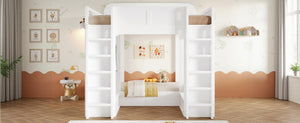 English Elm Triple Bunk Bed Wood Frame with Built in Shelves Hooks for Shared Kids Rooms White N7090004027K