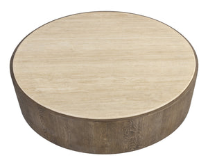 Sunpan Oberon Coffee Table – Handcrafted Round Design with Solid Travertine Top and Oak Veneer Base Large - W x 60D x 17H