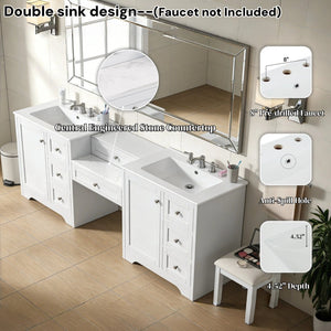 English Elm 84" Double Sink Vanity with Stone Countertop Six Soft Close Drawers and Silver Knobs White N817P404196W