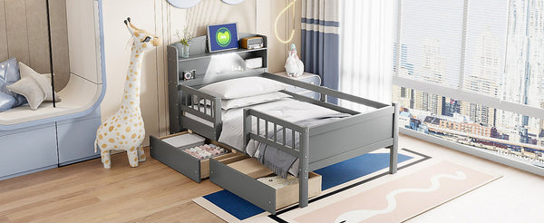 English Elm Wood Twin Size Platform Bed with Built-in LED Light, Multifunctional Headboard, Guardrail & Storage Drawers Gray N709P243969E