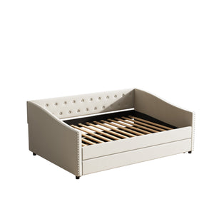 English Elm Full Size Daybed With Twin Trundle - Elegant Upholstered Sofa Bed With Tufted Back & Nailhead Trim W2336S00037