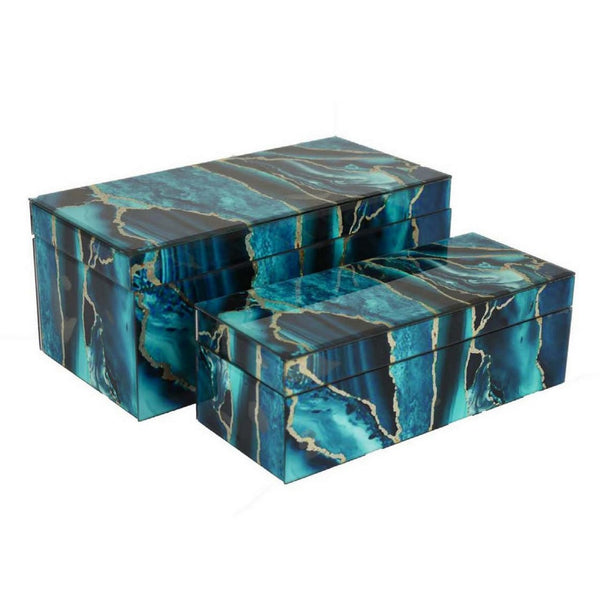 English Elm Jenny Marbled Glass Decorative Box Set Teal Abstract Swirl Vanity Desk Accent B056P416955