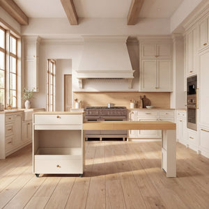 English Elm 78.8'' Fluted Rolling Kitchen Island with Extendable Dining Surface Built-in Power Mdf White B2764S00001