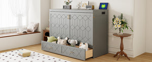 English Elm Queen Murphy Wall Bed Cabinet with Storage Drawer Built-in Power Outlets Usb Ports Gray LP000400AAE-1