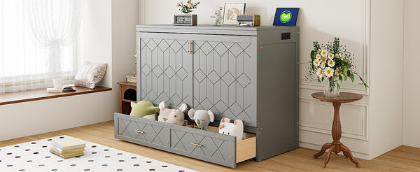 English Elm Queen Murphy Wall Bed Cabinet with Storage Drawer Built-in Power Outlets Usb Ports Gray LP000400AAE-1