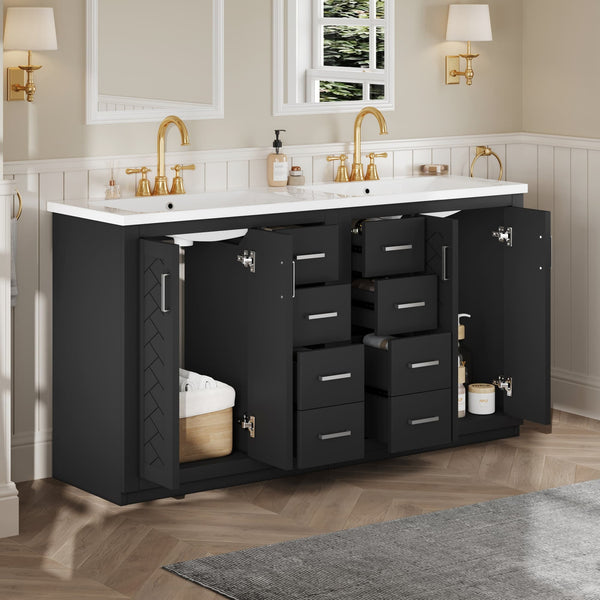 English Elm 60'' Bathroom Vanity Set With Elegant Ceramic Sink, Solid Wood Frame, Ample Storage & Soft-Close Doors N710SS00002B