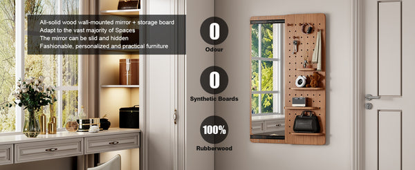 English Elm 47.6 Inch Rubberwood Wall Mirror with Sliding Panel Storage for Bedroom or Entryway W2987P438124