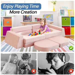 English Elm 12 Piece Modular Foam Play Couch Set Velvet Convertible Sofa Fort for Kids Playroom Pink T5880P493409