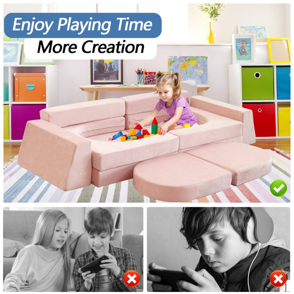 English Elm 12 Piece Modular Foam Play Couch Set Velvet Convertible Sofa Fort for Kids Playroom Pink T5880P493409
