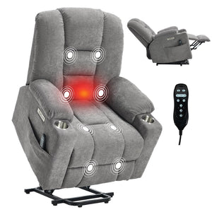 English Elm Emon's Overstuffed Chenille Power Lift Recliner with Massage Heat and Charging Ports Light Gray W1803S00091