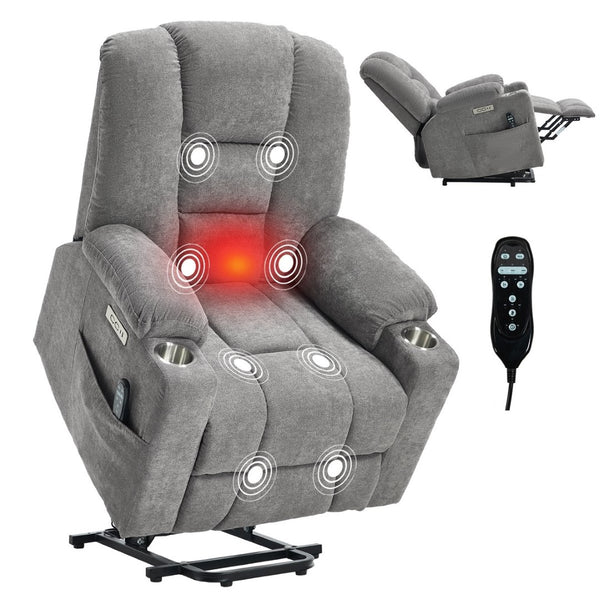 English Elm Emon's Overstuffed Chenille Power Lift Recliner with Massage Heat and Charging Ports Light Gray W1803S00091