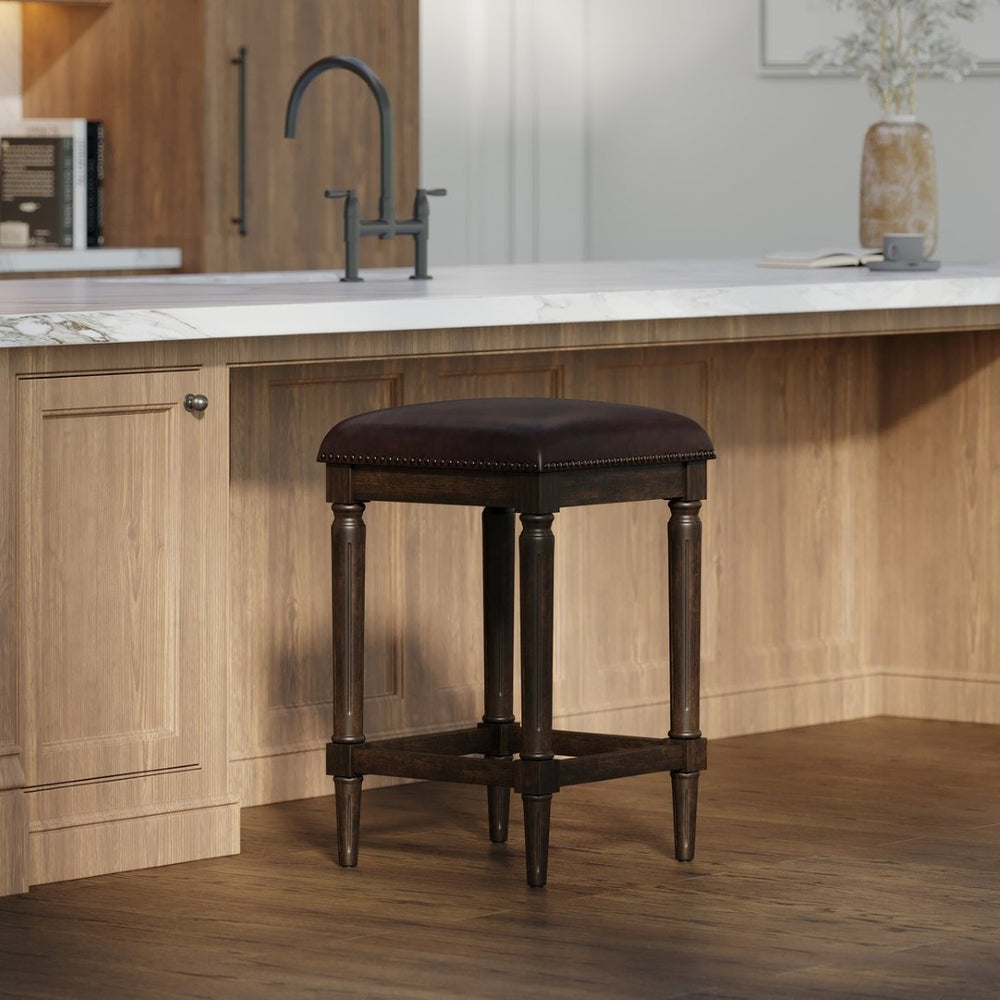 English Elm 27"h Square Faux Leather Counter Stool Solid Wood Carved Legs Distressed Walnut Finish B2751P436462