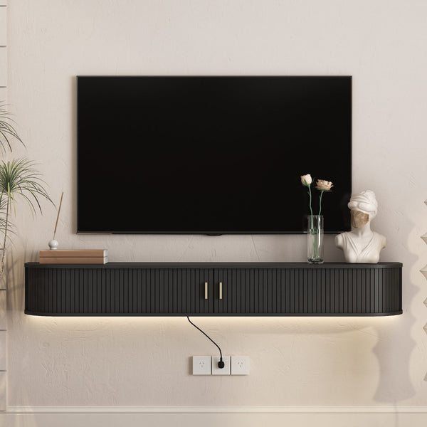 English Elm Floating Wall Mounted Media Console with Led Backlighting Mid-century Curved Design Black W1321P476924