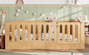 English Elm Queen Solid Pine Montessori Floor Bed for Kids with House Frame and Built-in Door Natural W5305P420640