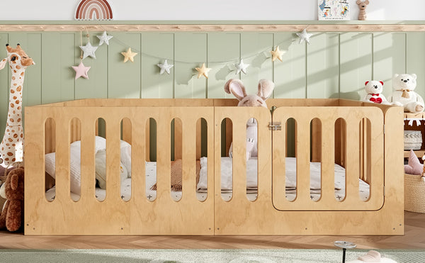 English Elm Queen Solid Pine Montessori Floor Bed for Kids with House Frame and Built-in Door Natural W5305P420640