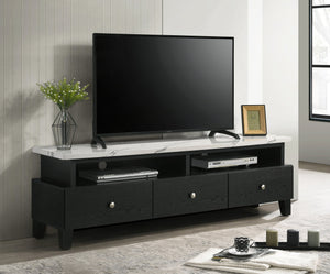 English Elm 1pc Timeless Entertainment Console with Faux Marble Top, Antique Two-Tone Finish, Sliding Doors and Drawers Black,White 18.43 L x 73.43 W x 20.79 H B2741P295129