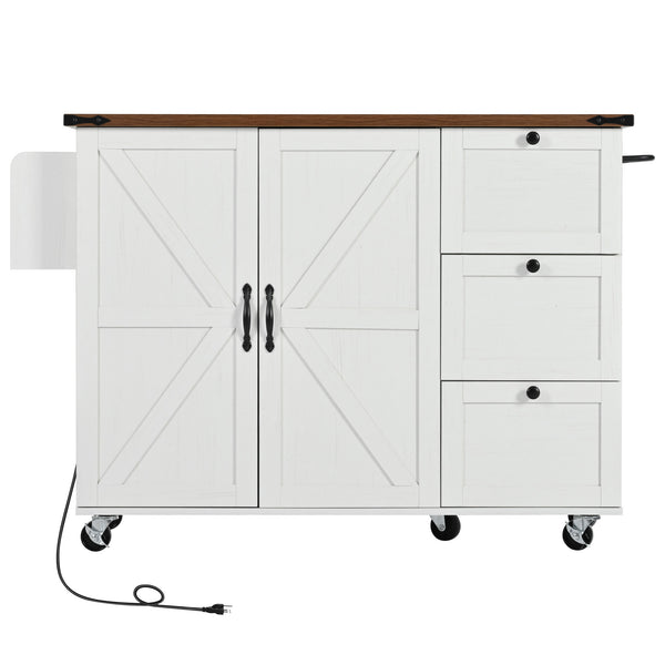 English Elm K&K 54.5" Farmhouse Kitchen Island with Drop Leaf, Built-In Power Station, Rolling Storage Cart White N707P170349W