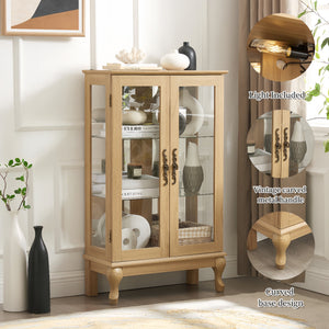 English Elm 2 Doors Curio Cabinet With Lighted Display & Mirrored Back, Adjustable Shelves - Oak Elegance For Home W2275P178895