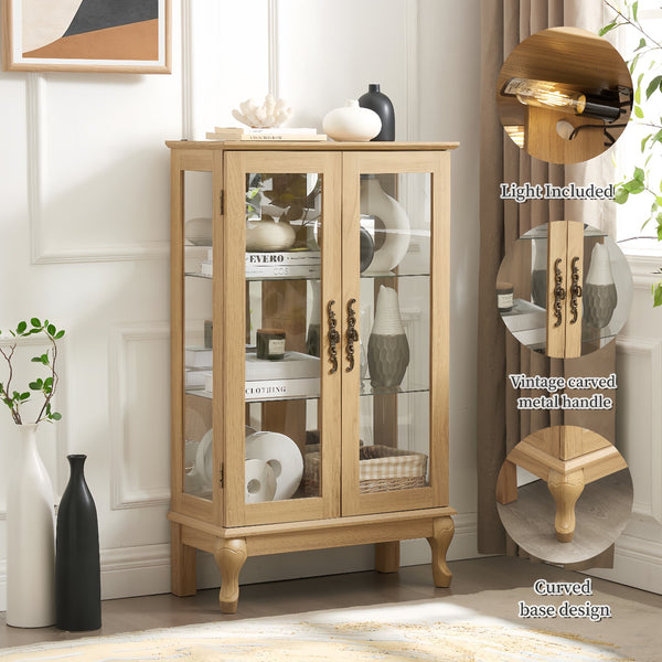 English Elm 2 Doors Curio Cabinet With Lighted Display & Mirrored Back, Adjustable Shelves - Oak Elegance For Home W2275P178895