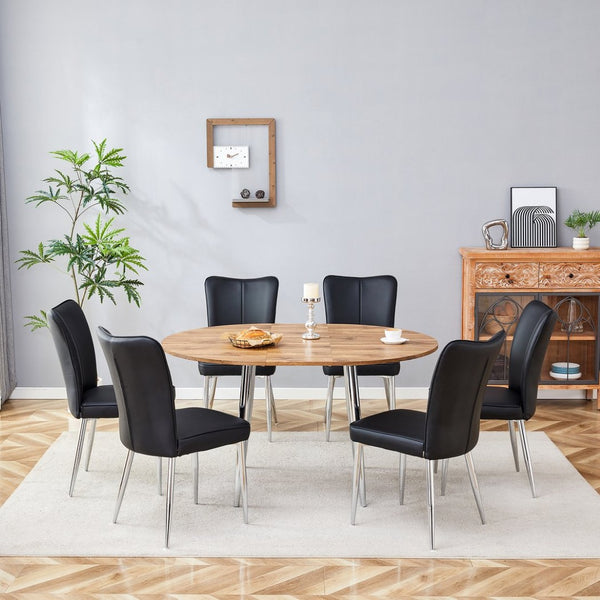 English Elm Table and Chair Set Extendable Round to Oval Wood Grain Mdf with Six Pu Seats W1151S03961