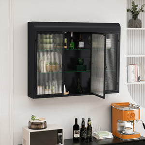 English Elm 3 Door Arched Wall Mounted Glass Cabinet with Wide Top Narrow Bottom Design for Stylish Storage and Display Black W757P221501