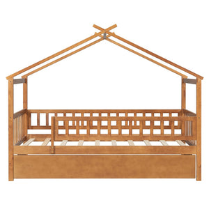 English Elm Twin House Bed with Trundle Solid Pine Frame Walnut Kids Bedroom Sleepover N708P357115L