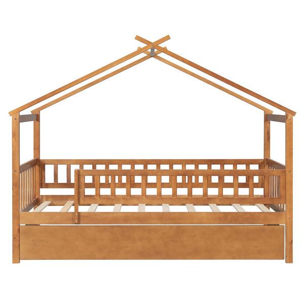 English Elm Twin House Bed with Trundle Solid Pine Frame Walnut Kids Bedroom Sleepover N708P357115L
