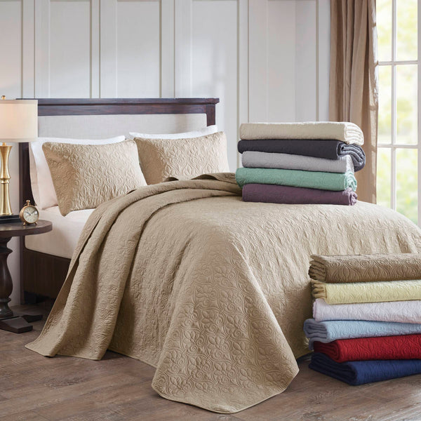 JLA Home Madison Park - 3 Reversible Bedspread Set with Quilted Stitch Texture, Oversized Drape, Antimicrobial Soft Cotton Fill Seafoam MP13-6445