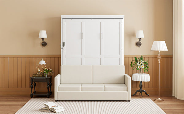 English Elm Full Size Murphy Wall Bed with Integrated Linen Sofa for Studio or Guest Room White LP000890AAK-1