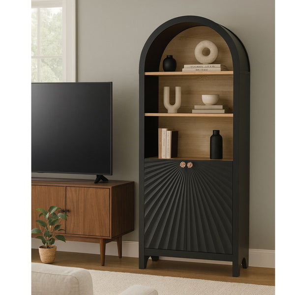 English Elm 61" Arched Bookshelf with Door — Mid-Century Black 5-Tier Bookcase, Dust-Proof Storage & Sturdy Frame W3123P333693