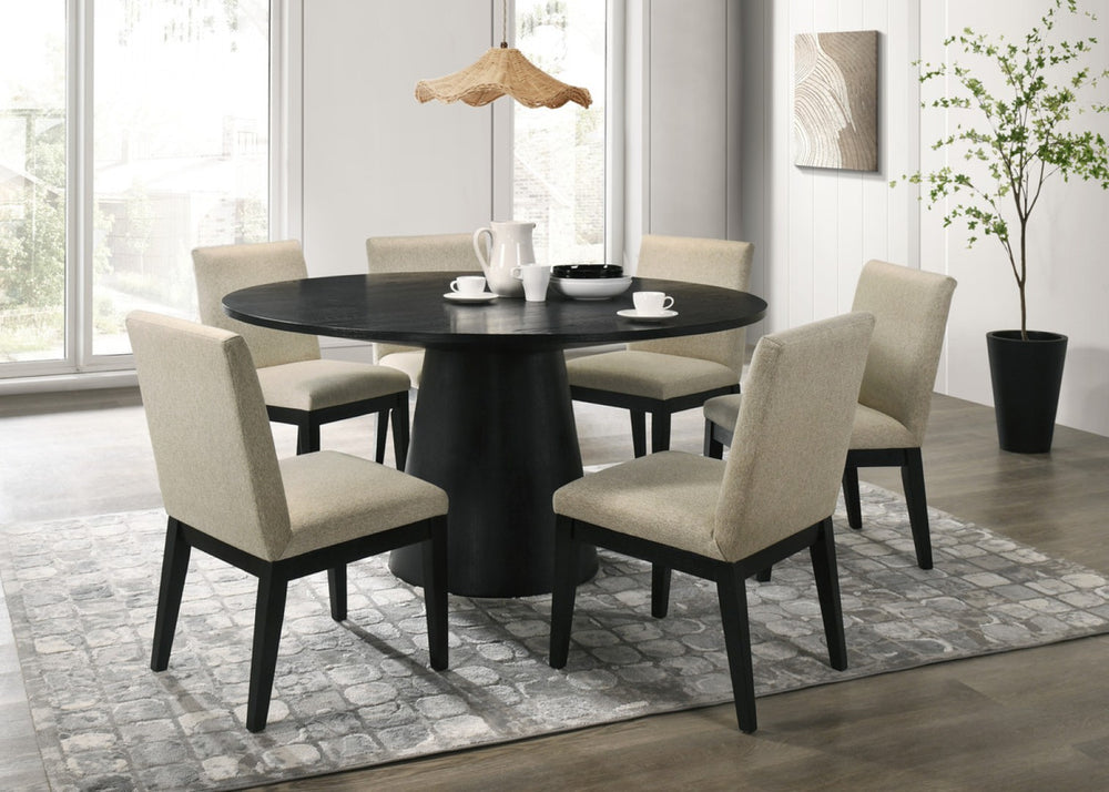 English Elm Jacopo Round Pedestal Dining Set Seats Six Ebony Table Beige Upholstered Chairs B2749S00289