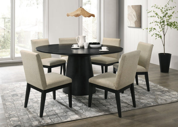 English Elm Jacopo Round Pedestal Dining Set Seats Six Ebony Table Beige Upholstered Chairs B2749S00289