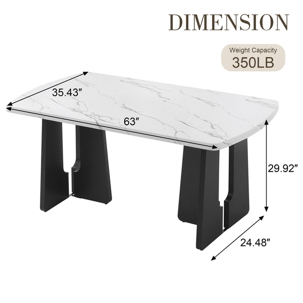 English Elm 63" Modern Faux Marble Dining Table with Geometric Rubberwood Legs, Durable 350lb Capacity, Easy Assembly White+Black N752P317333K