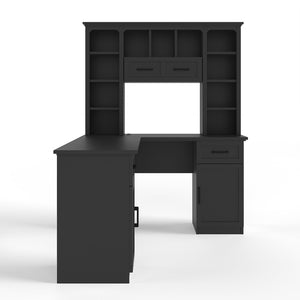 English Elm L-shaped Home Office Desk with Open Shelves Flip Shelf Cabinets and Drawer Storage Black W1580S00493