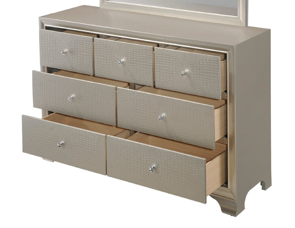 English Elm 1pc Glam Seven-Drawer Dresser with Embossed Crocodile Finish, Felt-Lined Top Drawers & Dovetail Craftsmanship Champagne 62.4 L x 20.4 W x 41.3 H B011P217892