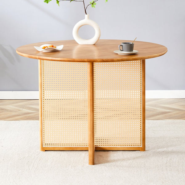 English Elm Chinese Solid Wood Round Table - Rustic Retro Design With Imitation Rattan For Dining & Office Spaces W1151P154825