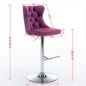 English Elm Swivel Velvet Barstools Adjustable 25–33" Height, Tufted Back, Chrome 17.7" Base, Purple Set of 2 W1143137914
