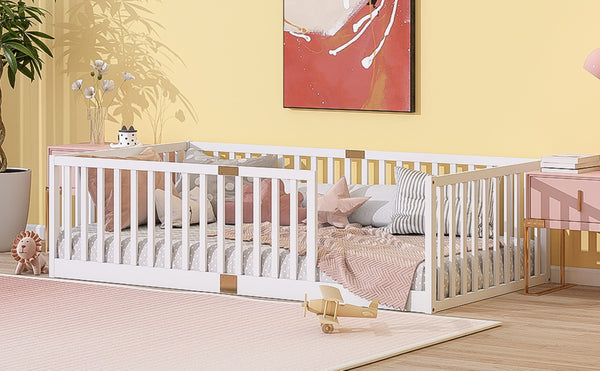 English Elm Twin Floor Bed Solid Rubber Wood with Tall Safety Railings for Toddler Sleep White W504P287643