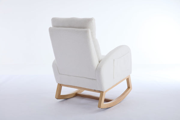 English Elm 015B-Teddy Rocking Chair with Plush Teddy Fabric, Ergonomic High Back, Adjustable Footstool, Pocket White W527P360693