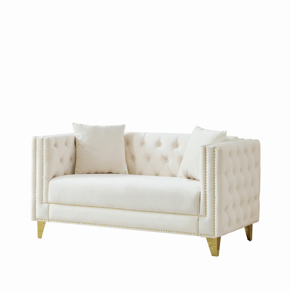 English Elm 58"Chesterfield Velvet Sofa Elegant Tufted 2-Seater Deep Seat with Nailhead Trim Solid Wood Frame Beige W3373S00028