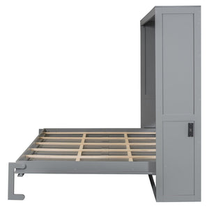 English Elm Queen Murphy Wall Bed Rattan Cabinet Front Folds Slim for Studio or Guest Room Gray N708S00012E-2