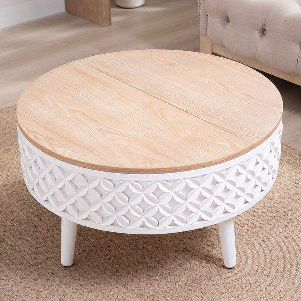 English Elm Round Lift-Top Coffee Table with Storage — 31.5" Boho Modern Farmhouse Accent, White Carved Base, Natural Wood Top W2729P330223