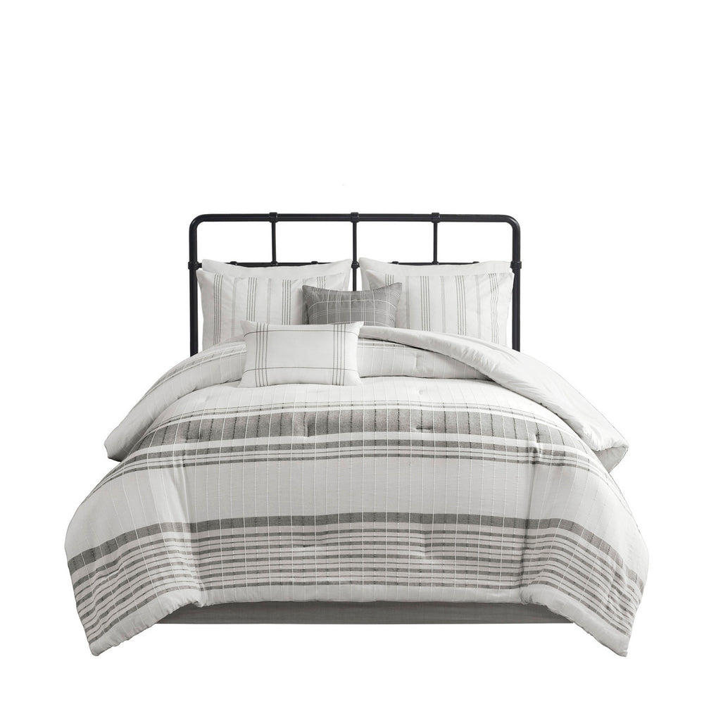 English Elm 6 Piece Cotton Jacquard Comforter Set – Oversized White/Grey Queen Bedding With Decorative Pillows B035128778
