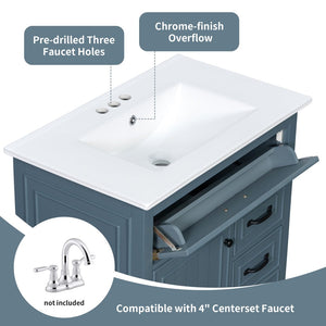 English Elm 30 Inch Freestanding Bathroom Vanity Solid Pine Cabinet Ceramic Sink Top Storage Blue Gray N725P412782C