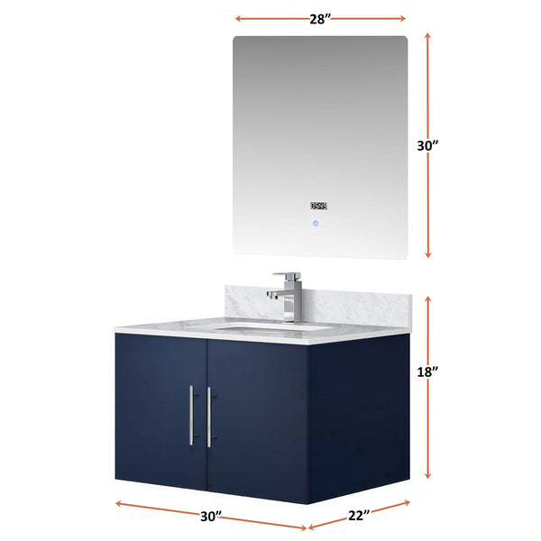 English Elm Navy Bath Vanity 30"W x 22"D with Carrara Marble Top, Chrome Faucet, Scratch-Resist Counter, 30" LED Mirror B2731S01243