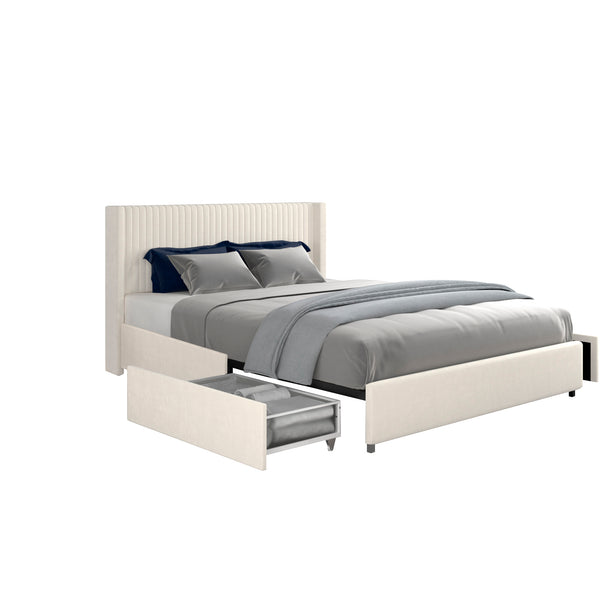 English Elm Anna Ivory Velvet 2-Drawer Storage Bed Queen with Vertical Channel Tufted Headboard, No Box Spring Needed B083P156196