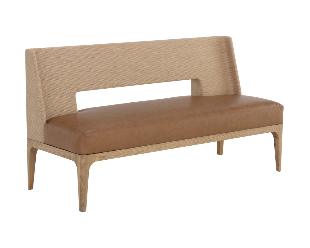 Sunpan Brocco Bench - Stylish Oak Frame with Paper Rope Backrest & Milliken Cognac Faux Leather Seating