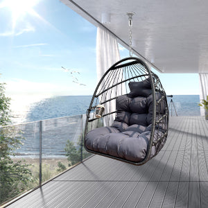 English Elm Swing Hammock Egg Chair with Wood-Grain Alloy Frame, UV-Resistant Rattan, Foldable 350lb Capacity Black W2707P184373
