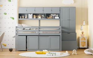 English Elm Full Size Gray Loft Bed with Rolling Desk Wardrobe Staircase and Headboard Shelving LT000852AAE